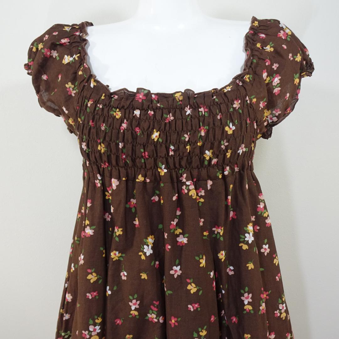 LIZLISA ワンピース 花柄 チェック柄 半袖 ブラウン フェアリーグランジ