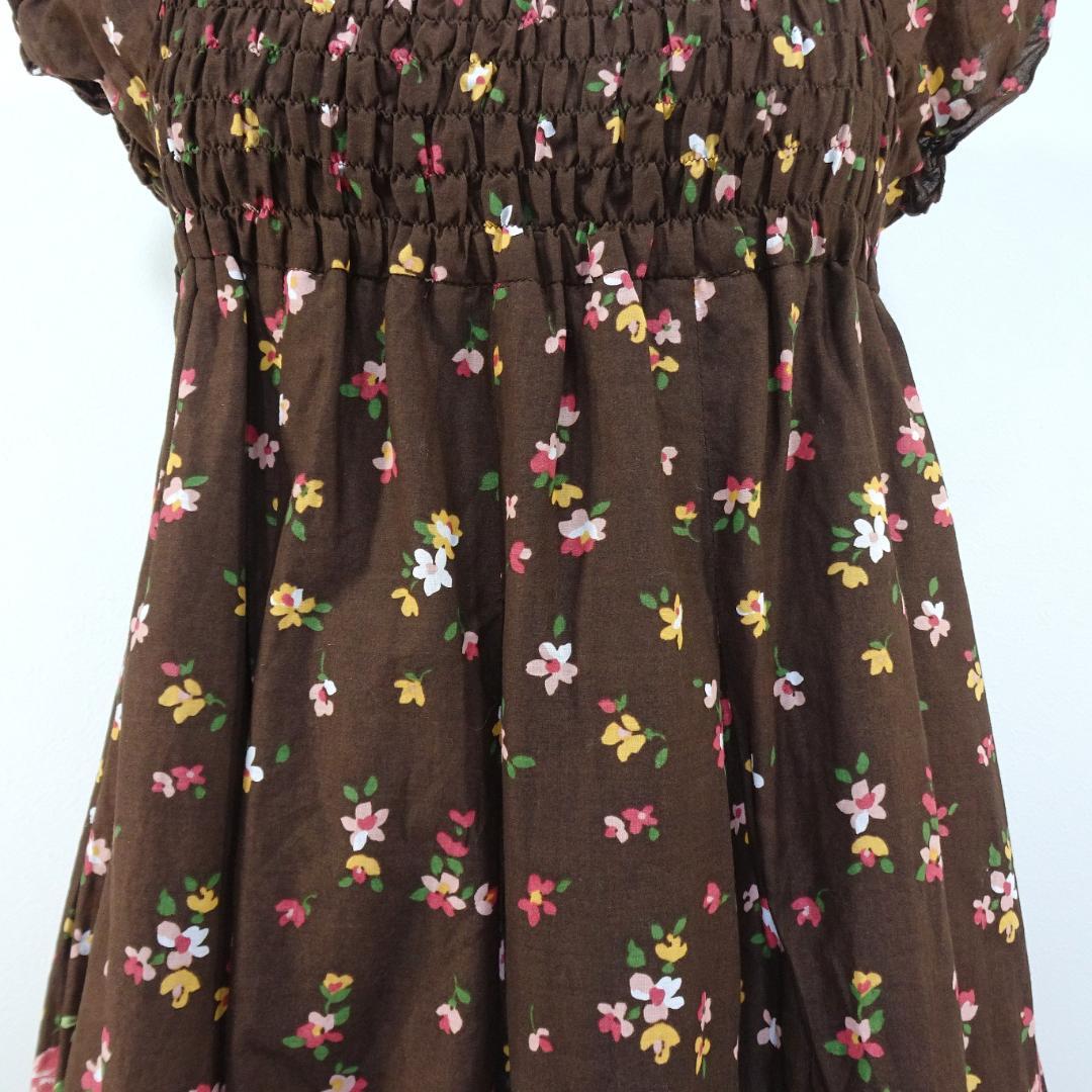 LIZLISA ワンピース 花柄 チェック柄 半袖 ブラウン フェアリーグランジ