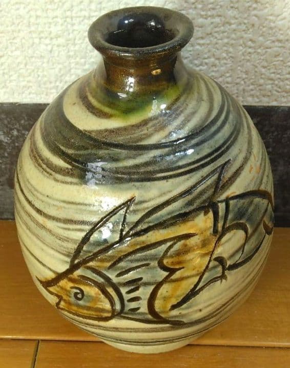 人間国宝 金城次郎 壷屋焼 徳利 栞 共箱 美品 壺屋焼 やちむん 笑魚紋徳利