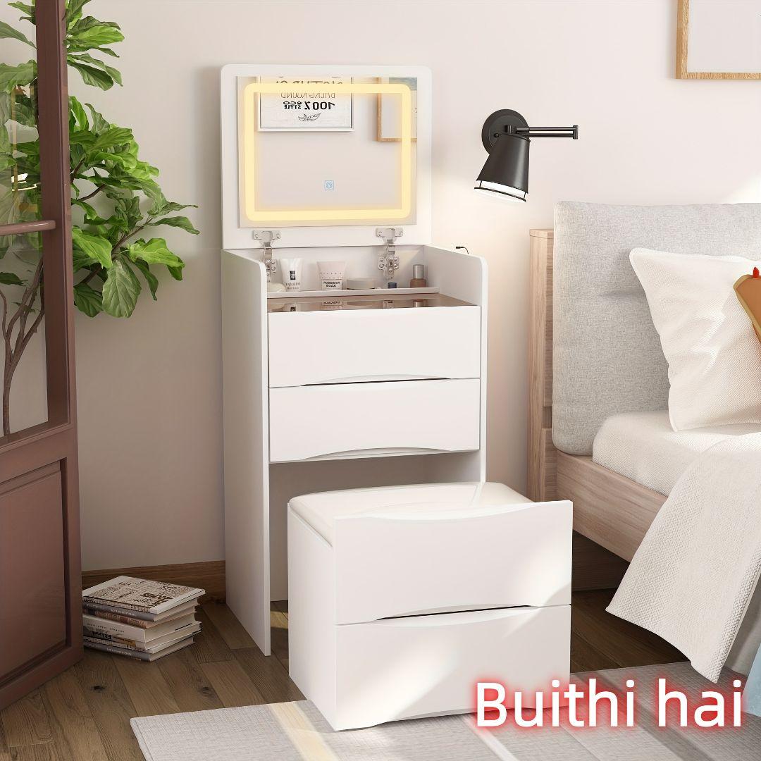 省スペース化粧台 ホワイトモダンデザイン 鏡・ライト・スツール付属