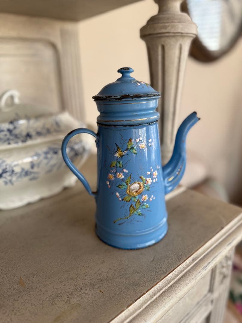 フランスアンティークエトワール社レア！小鳥と小鳥の巣ハンドペイントホーローポット