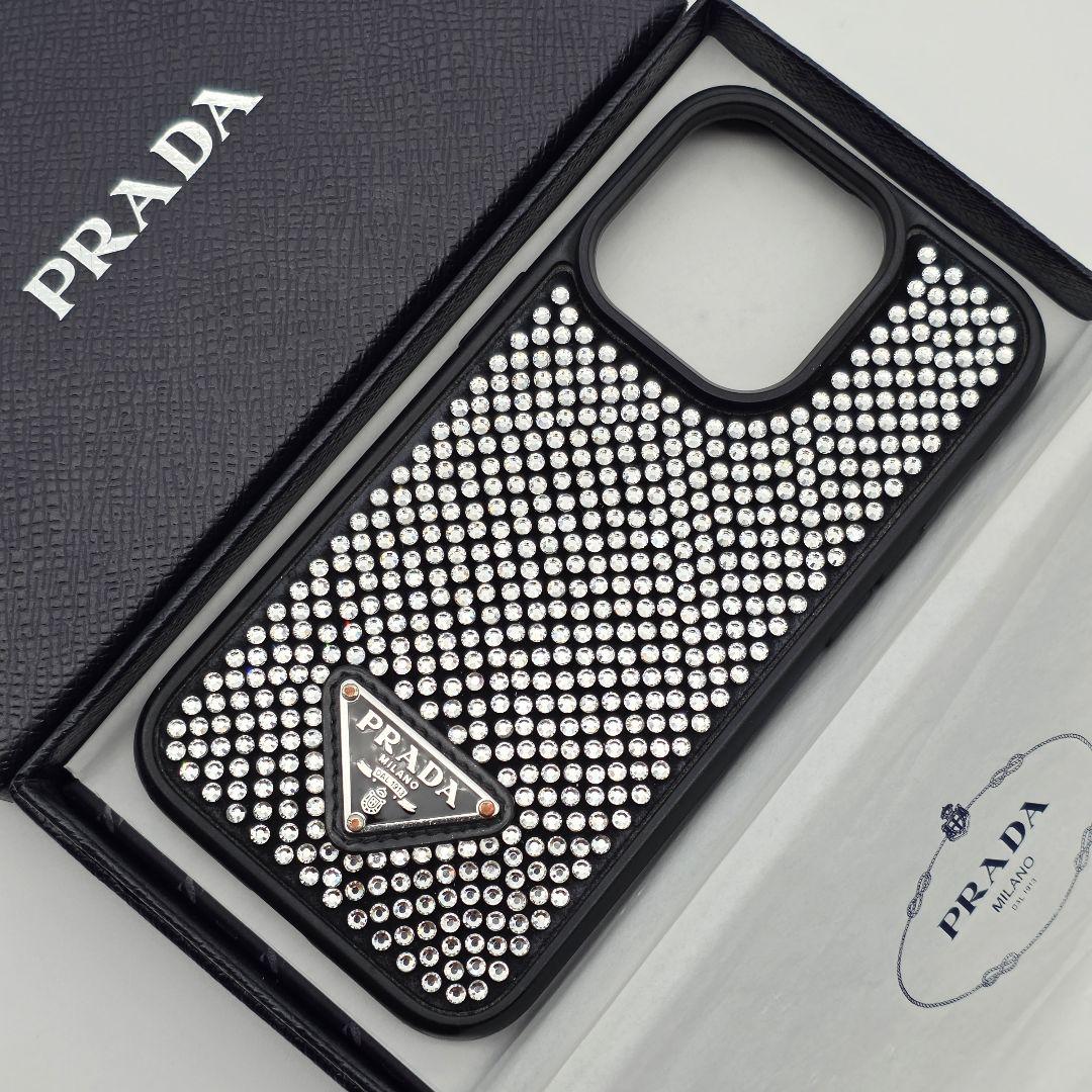 PRADA iphone14pro ケース ラインストーン クリスタル 三角ロゴ