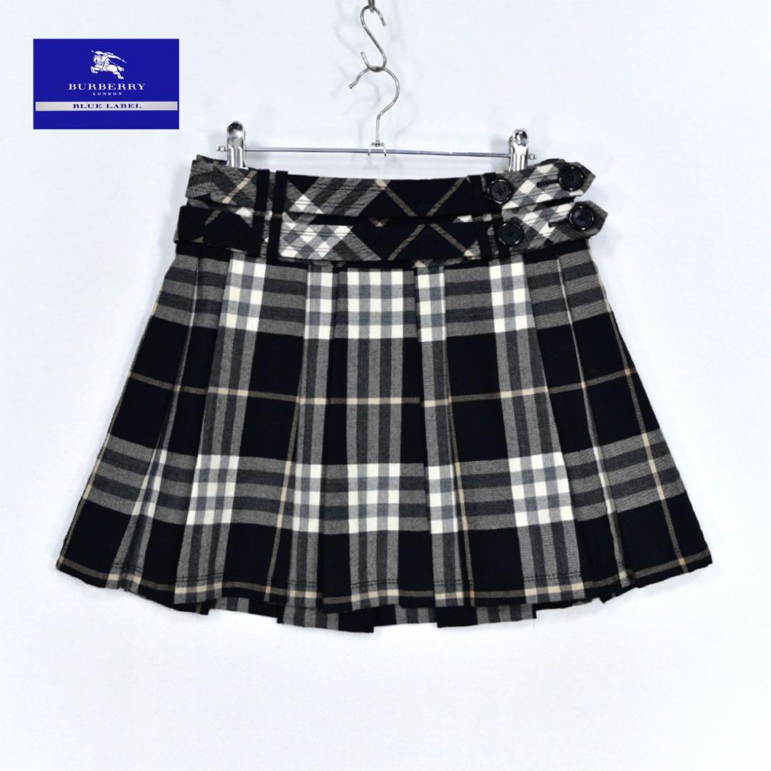 バーバリーブルーレーベル　チェック　ミニスカート　プリーツ　ダブルベルト　36