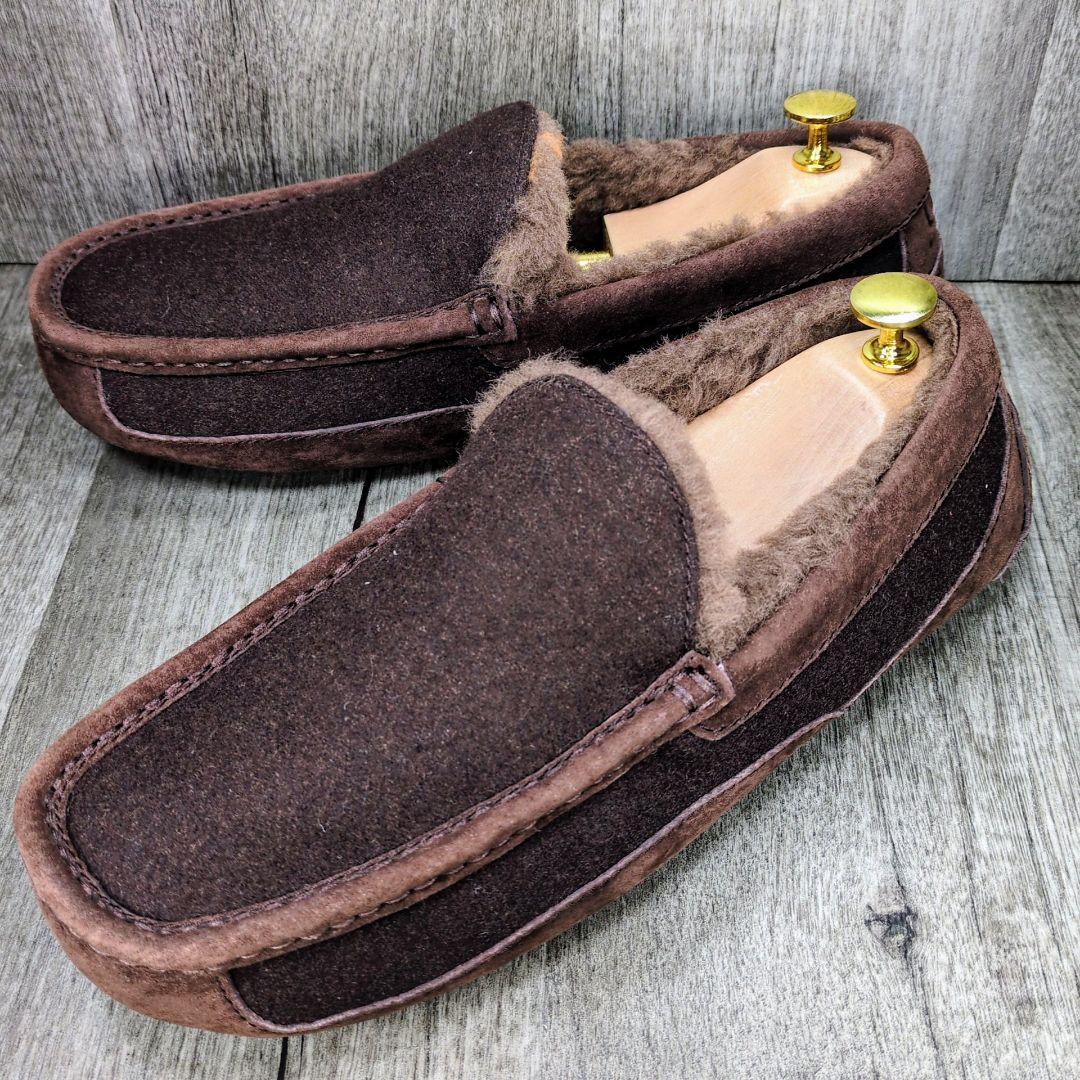 UGG 27.0cm モカシン ウール調 テキスタイル ブラウン Z004