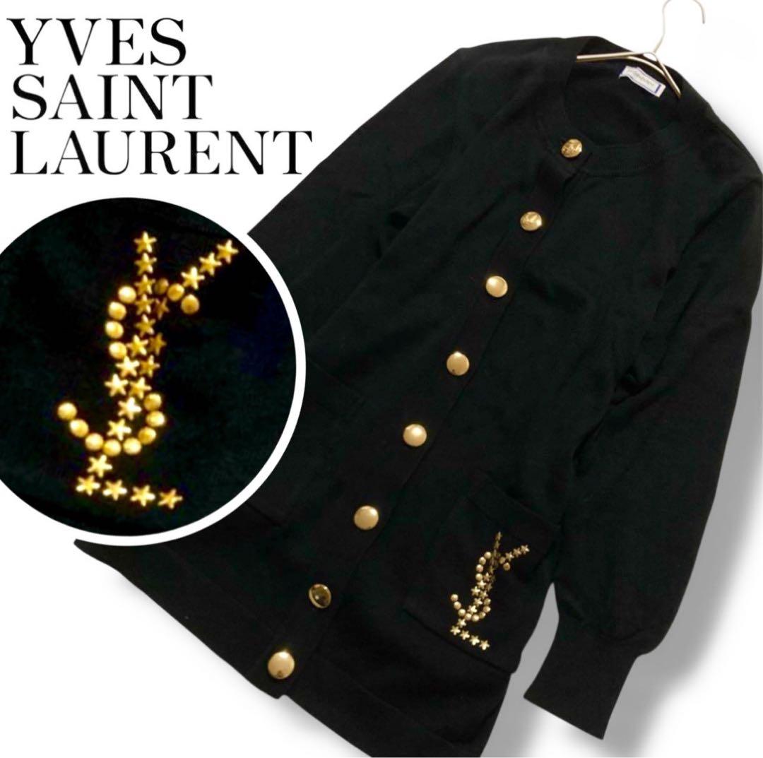 90s YSL イブサンローラン 黒 ゴールドボタン M カーディガン