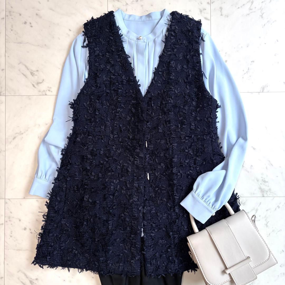 美品 ルーニィ LOUNIE カットジャガードジレ ネイビー 36 S