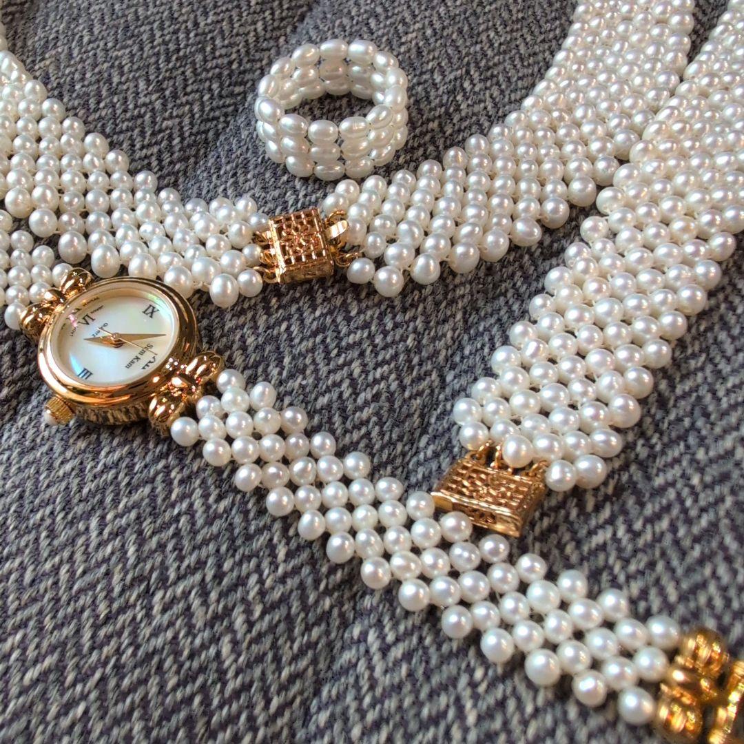 淡水真珠　ベビーパール　編み込み【ネックレス/時計/指輪/ブレスレット】セット