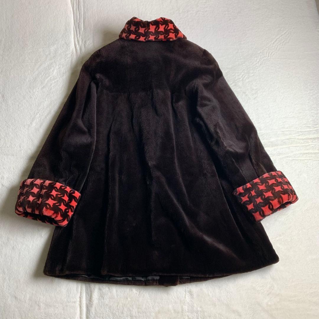 【ファーコート　サガミンク　千鳥格子柄　赤　黒　奇抜　レトロボタン　古着】