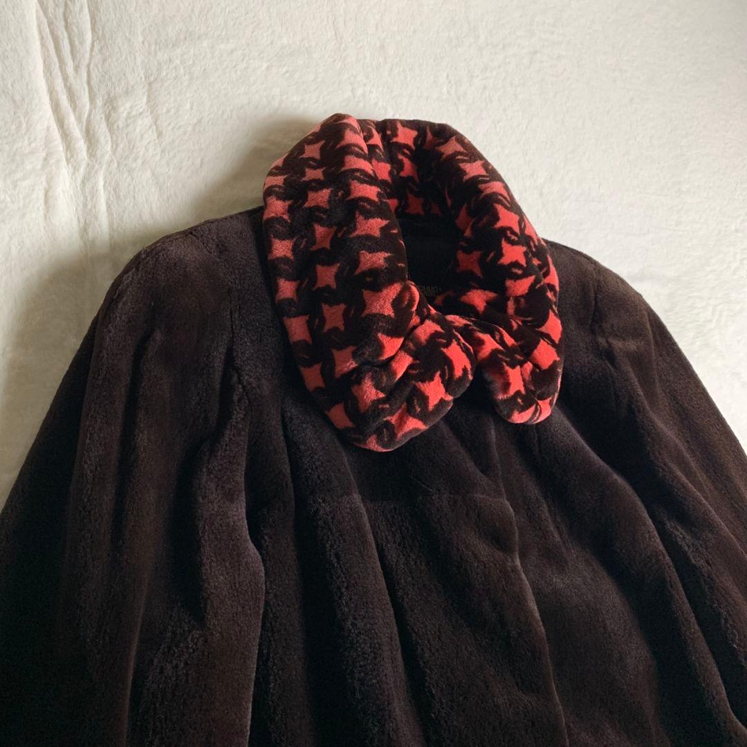 【ファーコート　サガミンク　千鳥格子柄　赤　黒　奇抜　レトロボタン　古着】