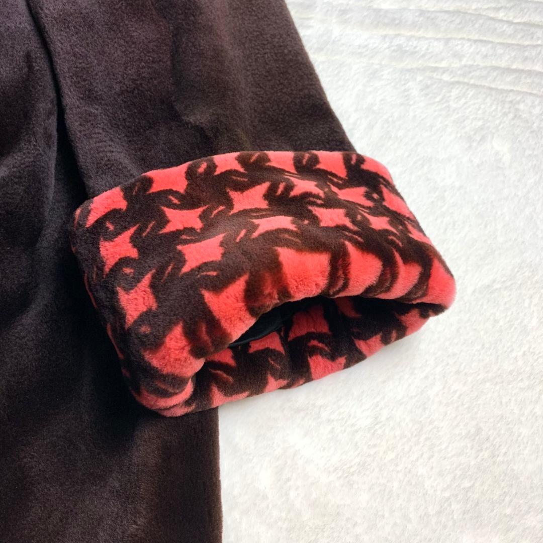 【ファーコート　サガミンク　千鳥格子柄　赤　黒　奇抜　レトロボタン　古着】