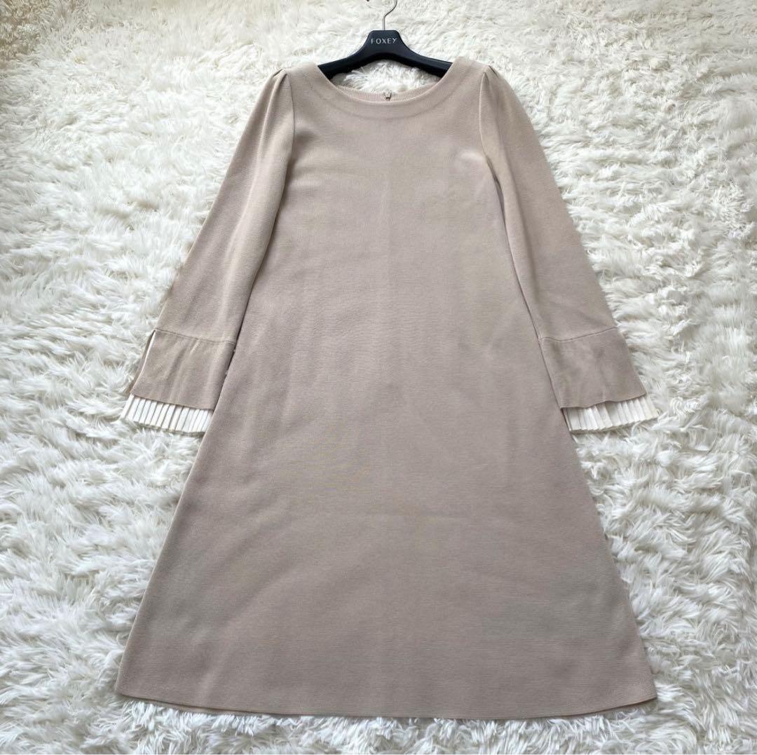 フォクシー　ニットワンピース　袖口プリーツ　バイカラー　ロング　40サイズ
