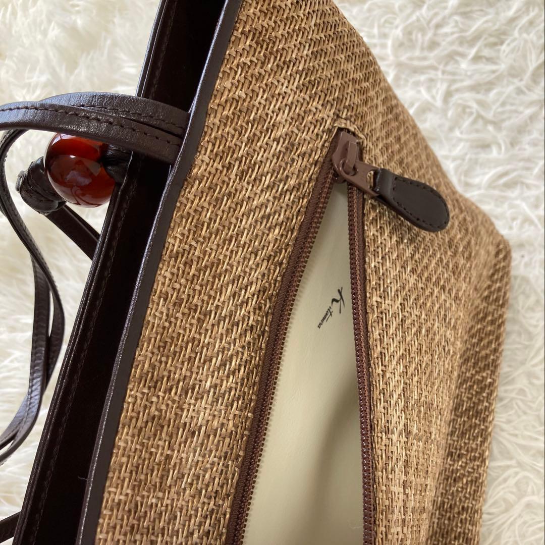 キタムラ✨かごバッグ　レザー　トートバッグ　夏　編み込み　保存袋　自立　異素材