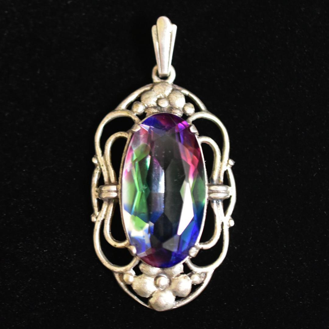 アンティーク 虹色 大粒アイリスガラスの銀製チャーム/ペントップ