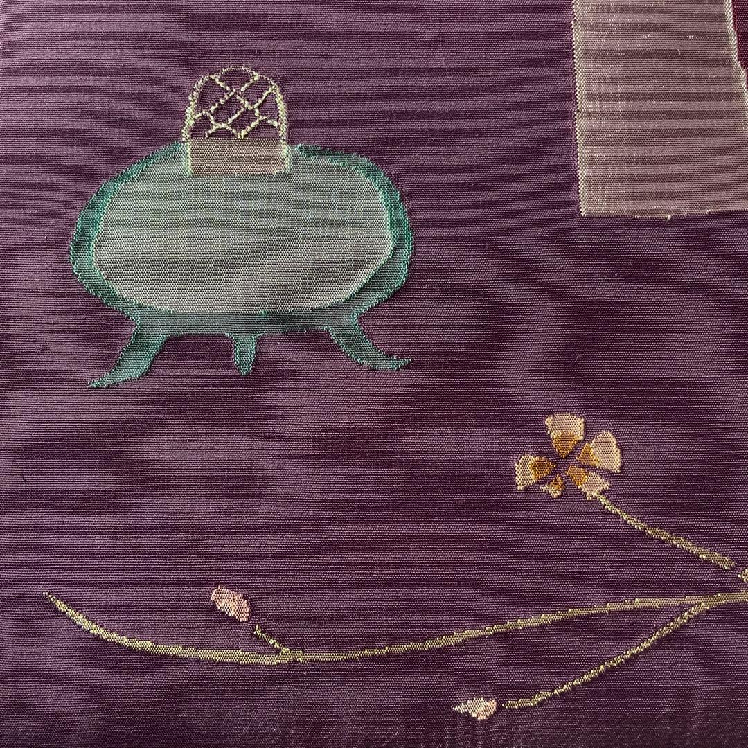 A4サイズ対応　紬帯　銀の香炉と金の枝花　リメイク　バンブーハンドルバッグ