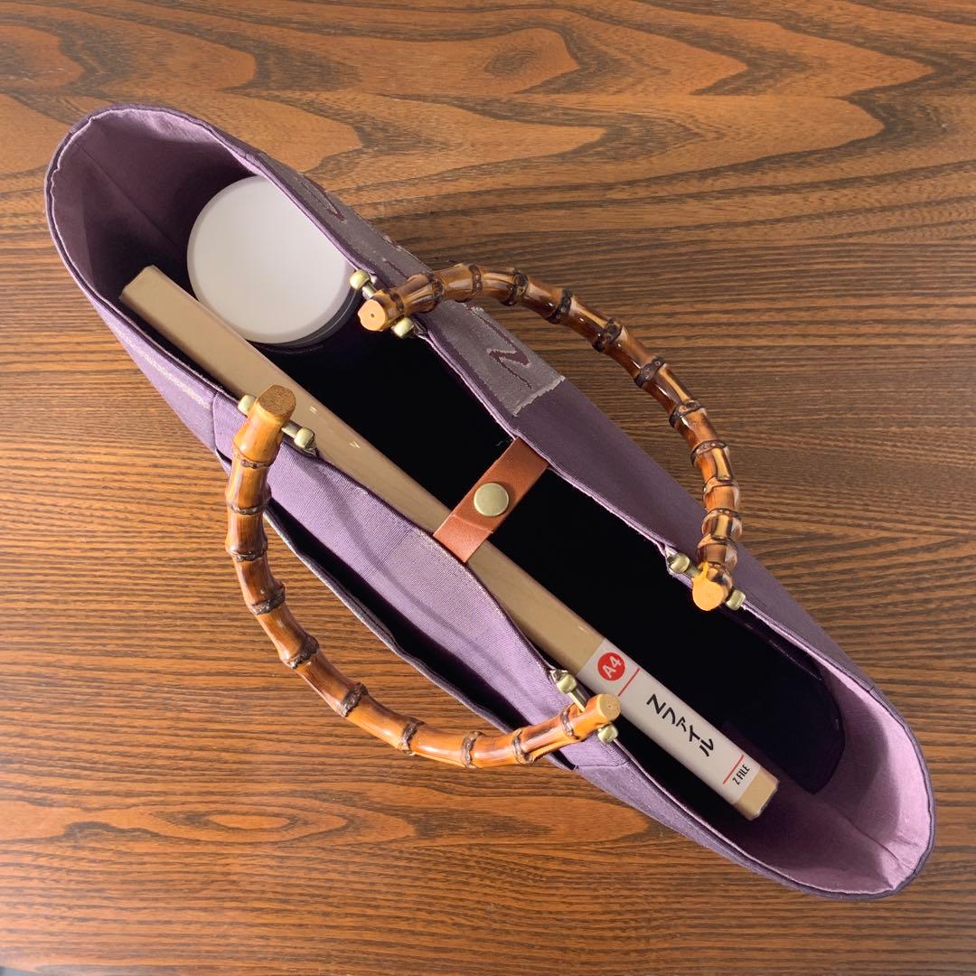 A4サイズ対応　紬帯　銀の香炉と金の枝花　リメイク　バンブーハンドルバッグ