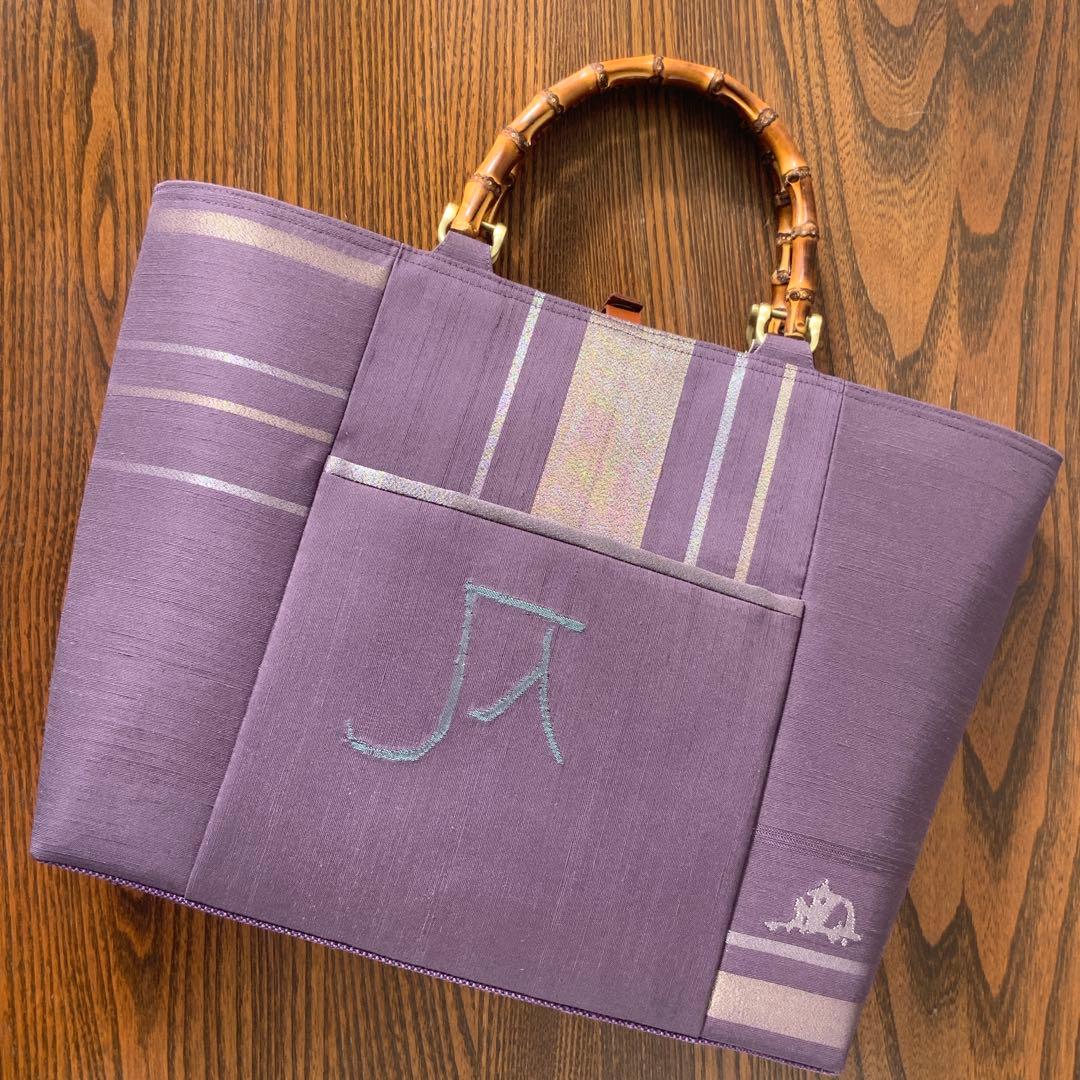 A4サイズ対応　紬帯　銀の香炉と金の枝花　リメイク　バンブーハンドルバッグ