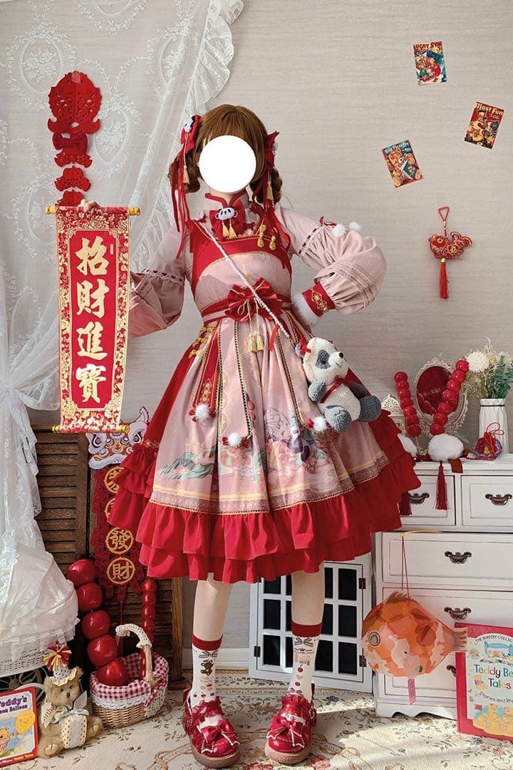 中華ロリ　チャイナ風ロリータ　パンダ　赤　ピンク　コンカフェ　M コスプレ　衣装