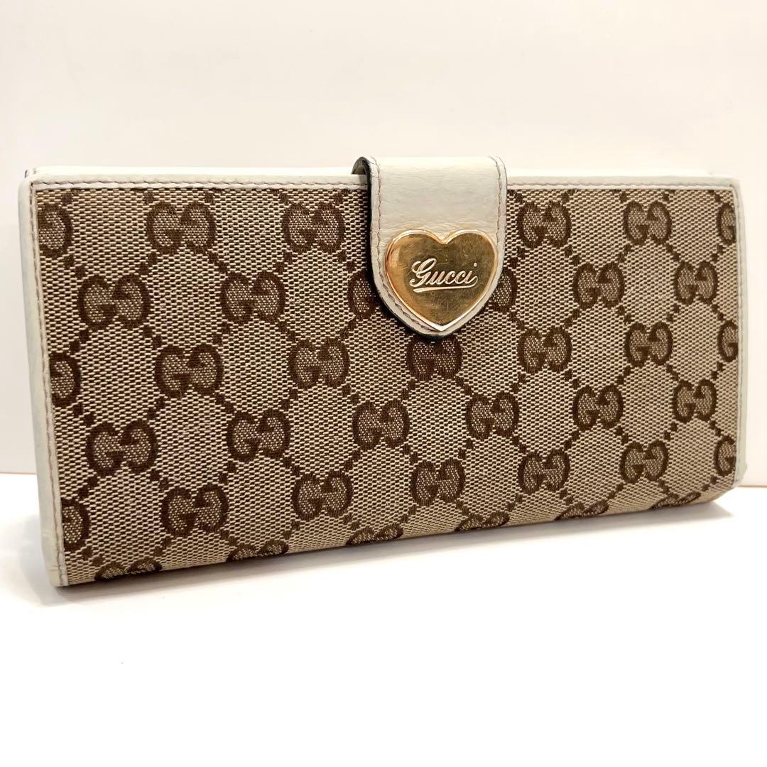 グッチ 長財布 GGキャンバス GG柄 ジャガード ハート ゴールド金具 白色