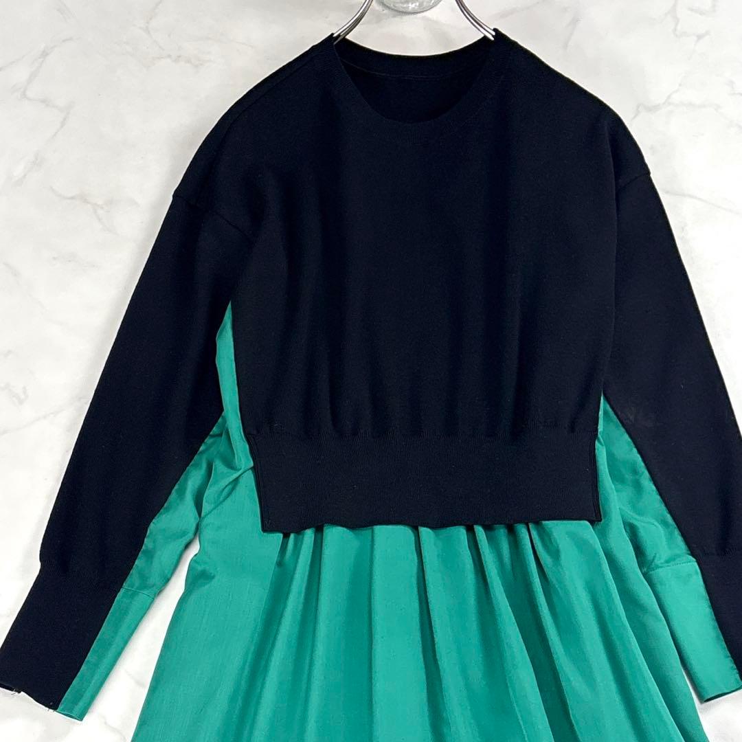 近年美品✨ LE PHIL ニットコンビ プリーツワンピース 黒 緑