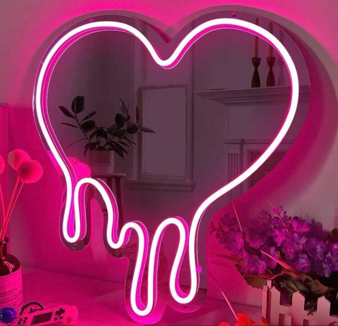 ネオン 鏡 ピンク ハート型