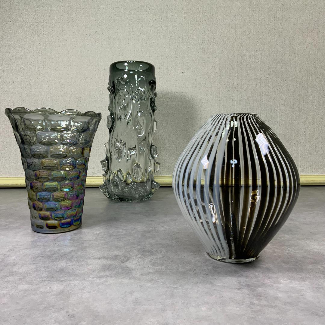ヴィンテージ ブラック×ホワイト ガラス ベース ストライプ 花器 花瓶
