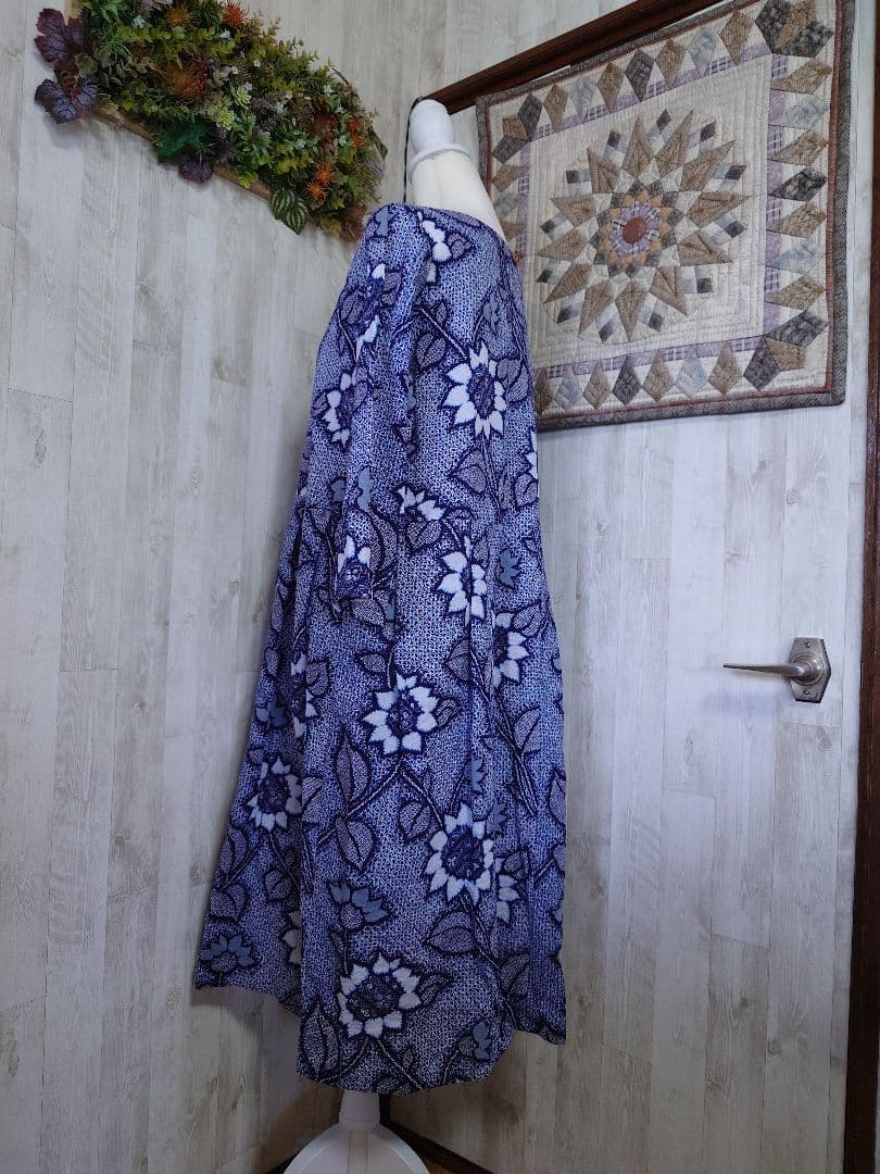 浴衣リメイク＊リップル地の浴衣からワンピース紺地にヒマワリ柄