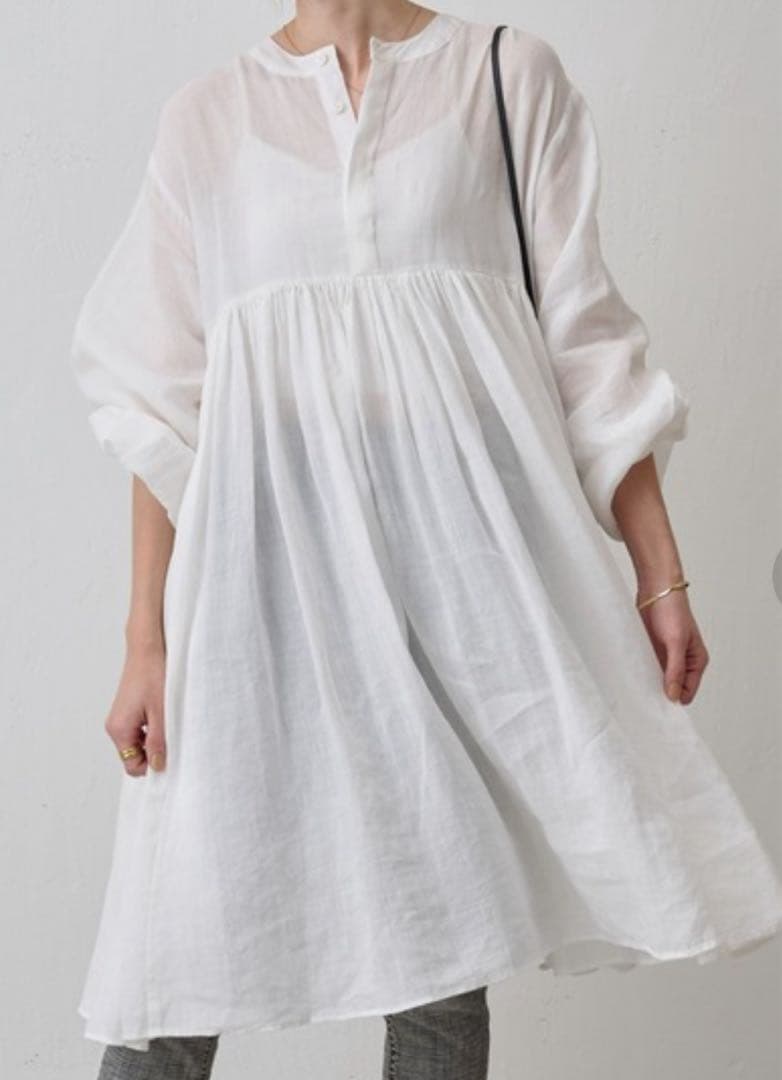 新品ビアズリー beardsleyリネンギャザーチュニックワンピースホワイト