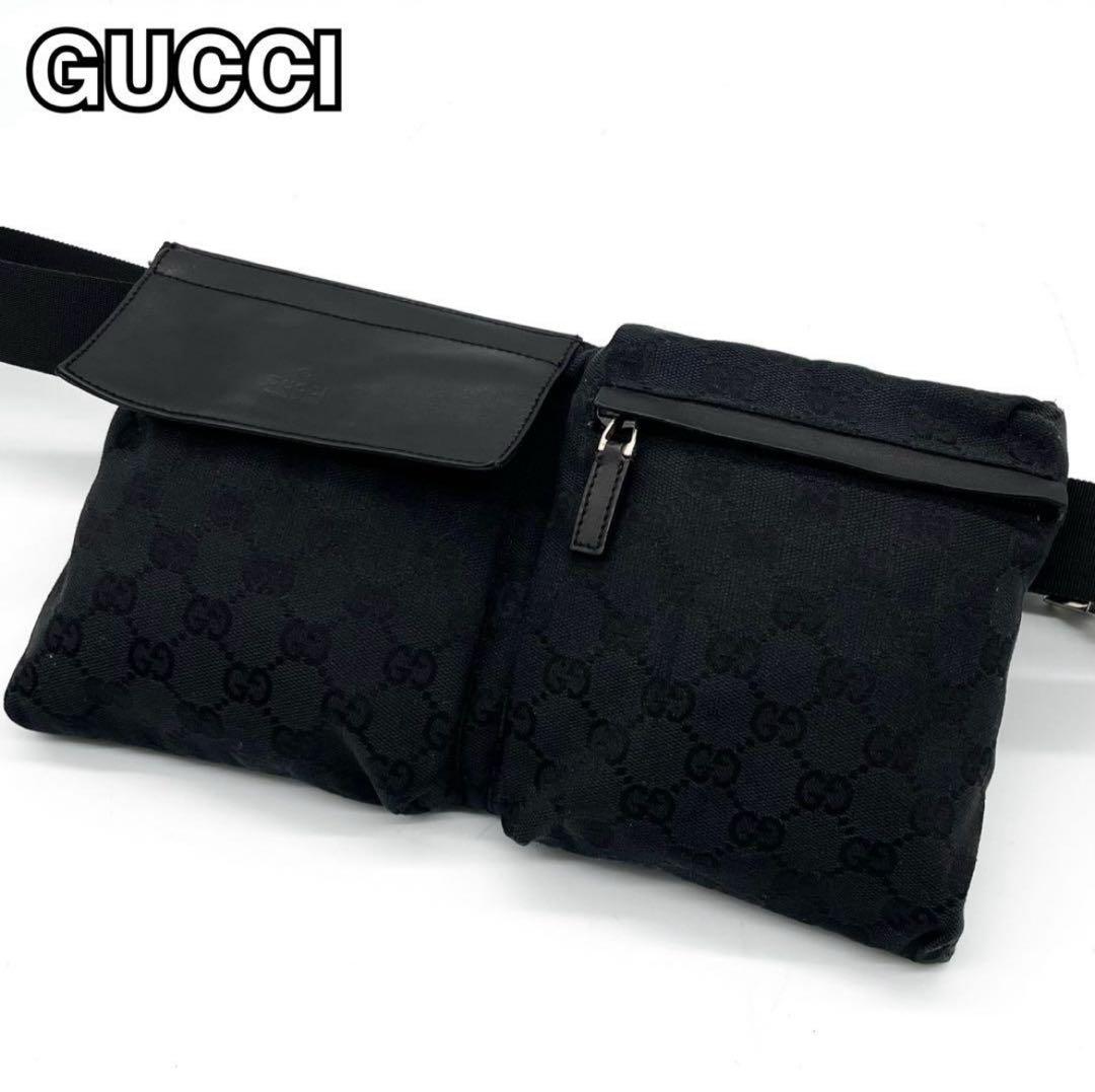 極美品✨グッチ ボディバッグ GG キャンバス レザー ウエストバッグ ブラック