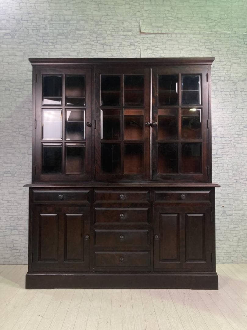 北海道民芸家具 格子ガラス扉 樺材 無垢 カップボード 収納棚 飾り棚 食器棚