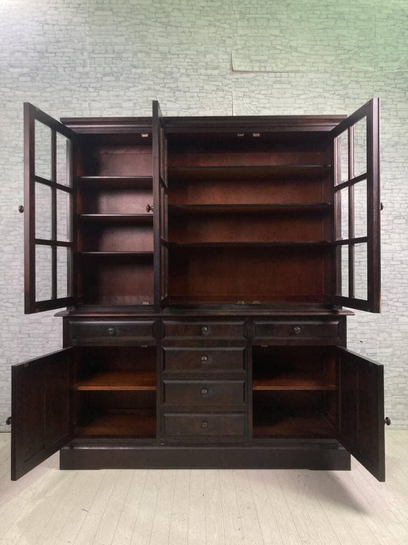 北海道民芸家具 格子ガラス扉 樺材 無垢 カップボード 収納棚 飾り棚 食器棚