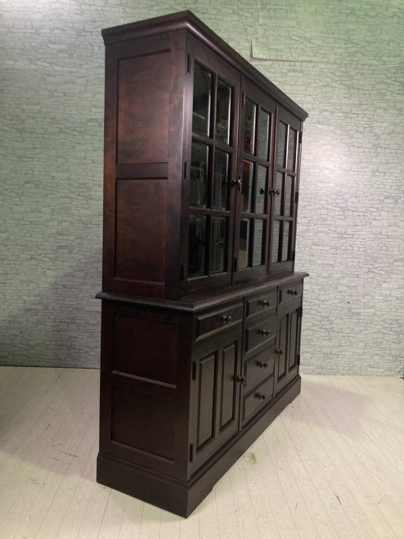 北海道民芸家具 格子ガラス扉 樺材 無垢 カップボード 収納棚 飾り棚 食器棚