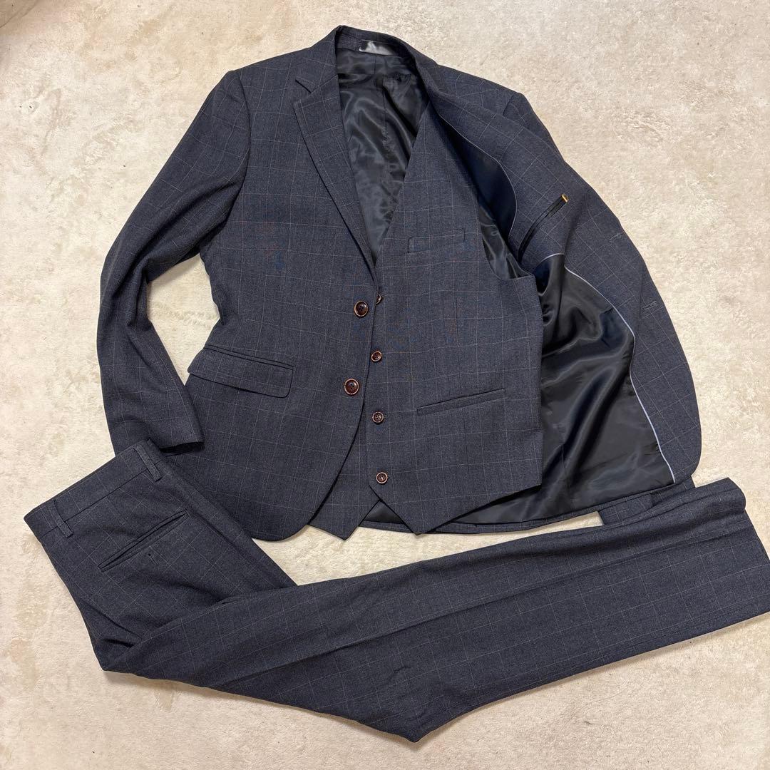 美品⭐️XLサイズ 3ピース　スーツ　ネイビー　チェック　スーツ　大きいサイズ