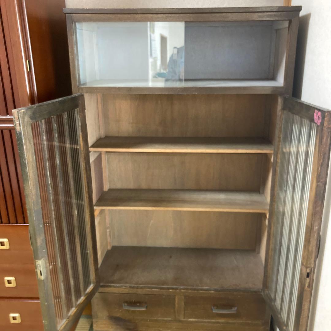 昭和レトロ　木製ガラス扉付き本棚