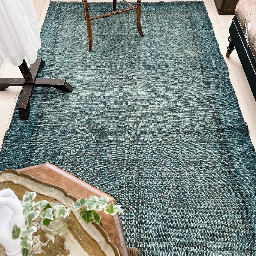 【訳アリ】トルコ ヴィンテージラグA114超大判 ターコイズブルー オーバーダイ