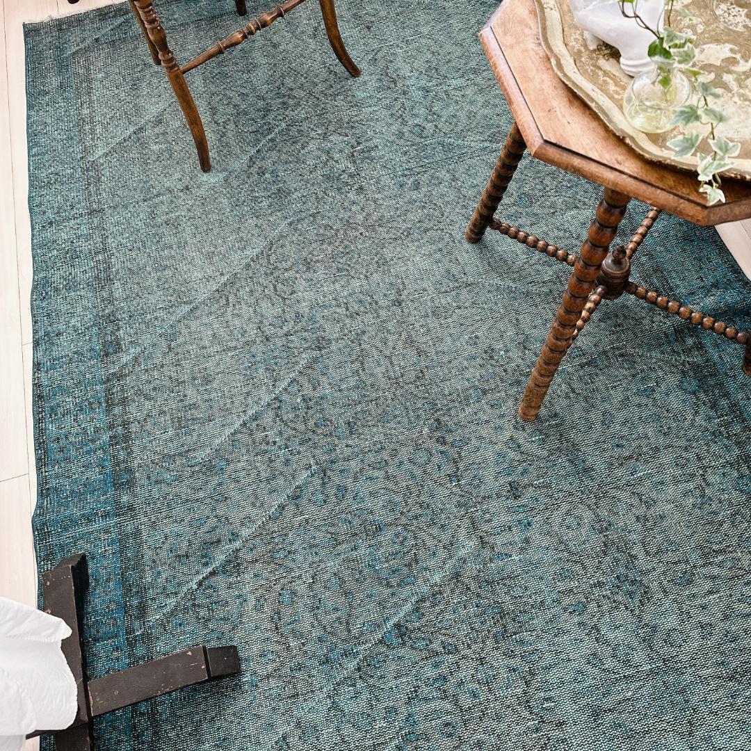 【訳アリ】トルコ ヴィンテージラグA114超大判 ターコイズブルー オーバーダイ