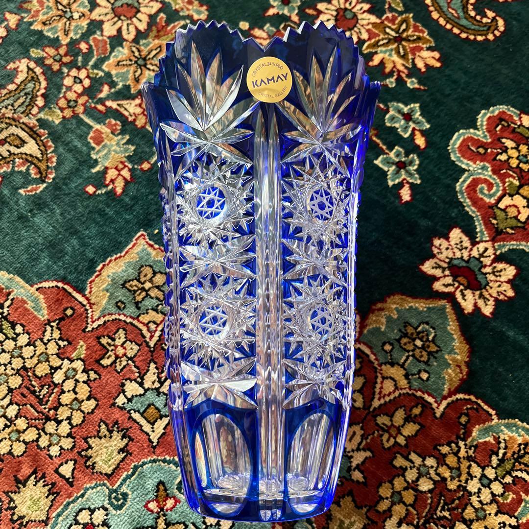 最終値下げ 新品KAMAY カメイガラス 薩摩切子ルリ色被せガラス花瓶　江戸切子