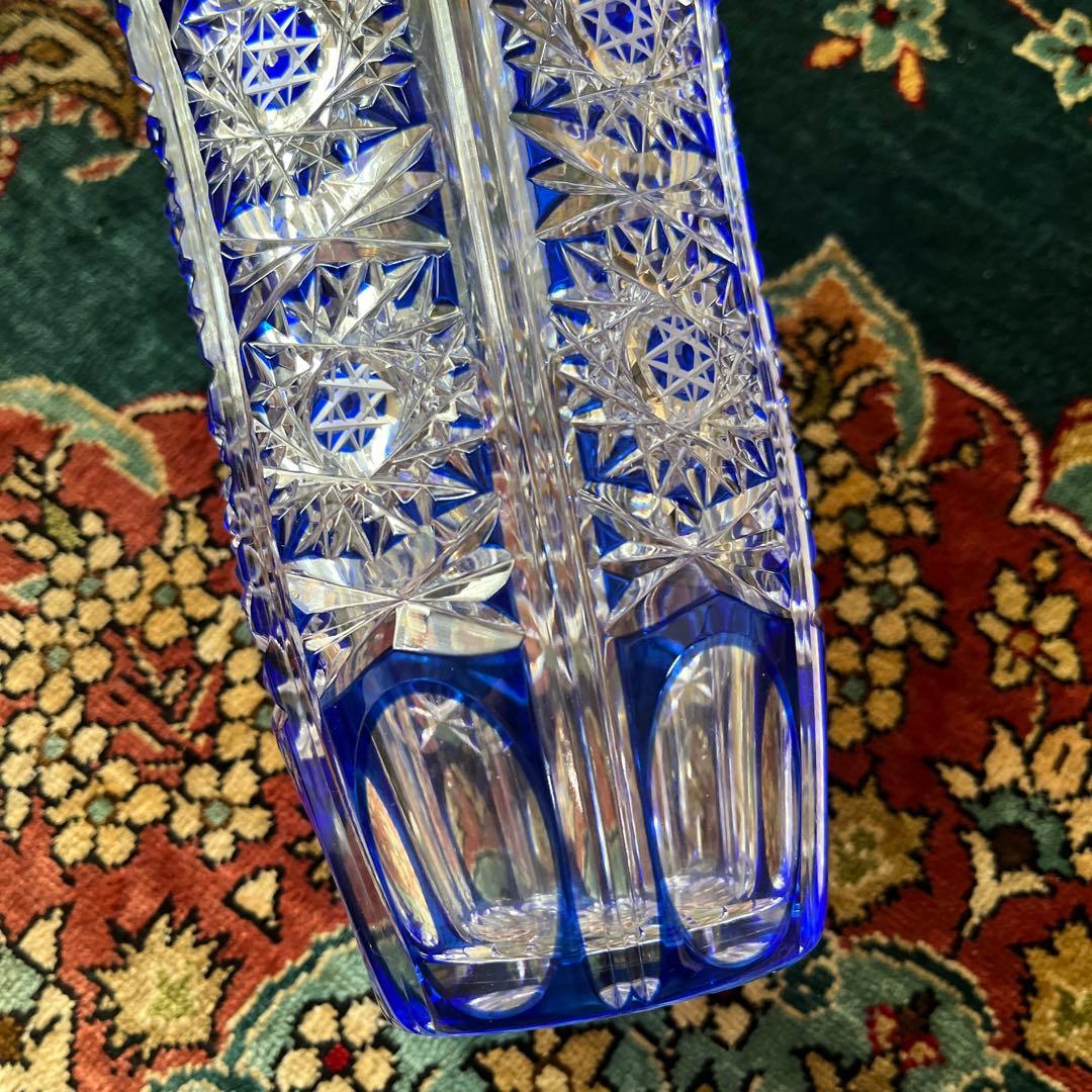 最終値下げ 新品KAMAY カメイガラス 薩摩切子ルリ色被せガラス花瓶　江戸切子