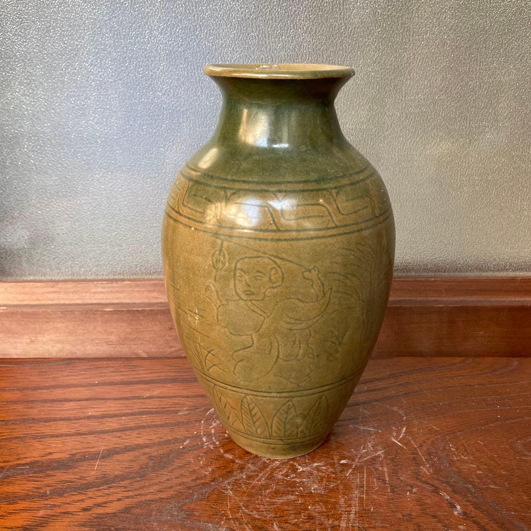 耀州窯青磁人物図花入 宋時代まとめて4点