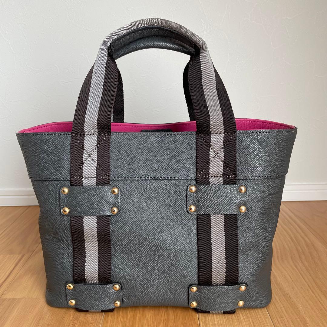 美品ADMJ ハンドバッグ レザー キャンバス　グレー　ストライプ