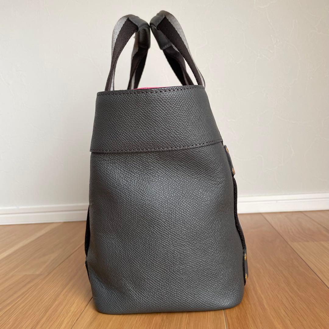 美品ADMJ ハンドバッグ レザー キャンバス　グレー　ストライプ