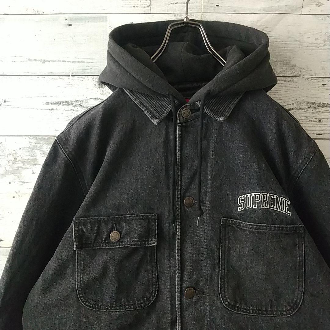 人気☆シュプリーム 刺繍ロゴ 襟切替 裏地チェック フード付 デニムジャケット