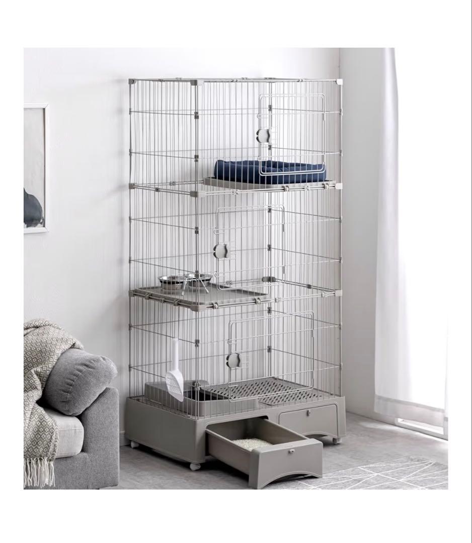 未使用★3段　トイレ一体型猫ケージ　グレージュ