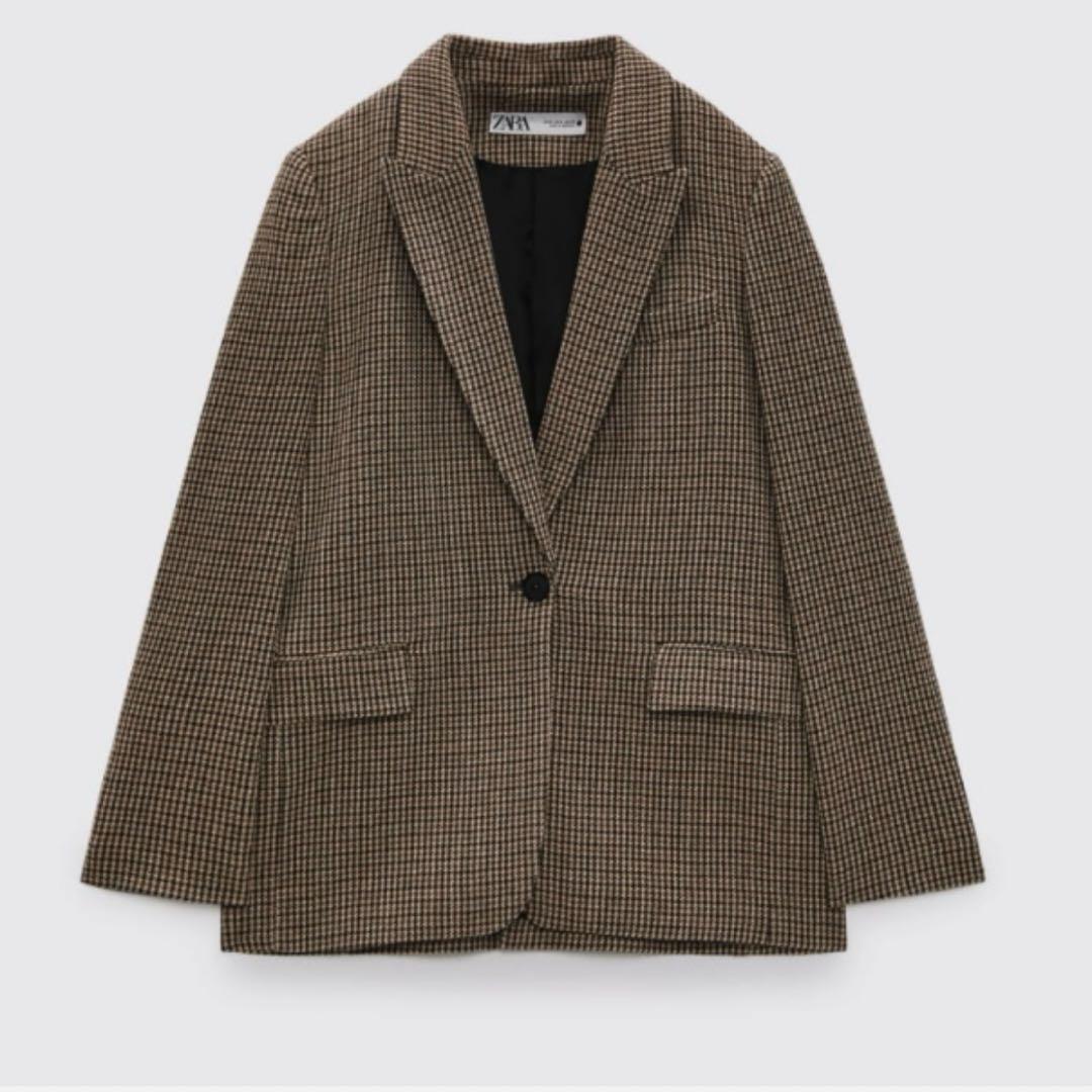 新品タグ付きZARA ウール ブレンド ブレザー エルボーパッチ 千鳥格子
