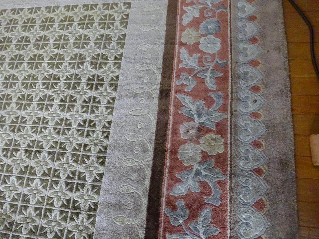 オリーブ　中国段通　シルク　120段　大判　306×246　高級絨毯　ラグ