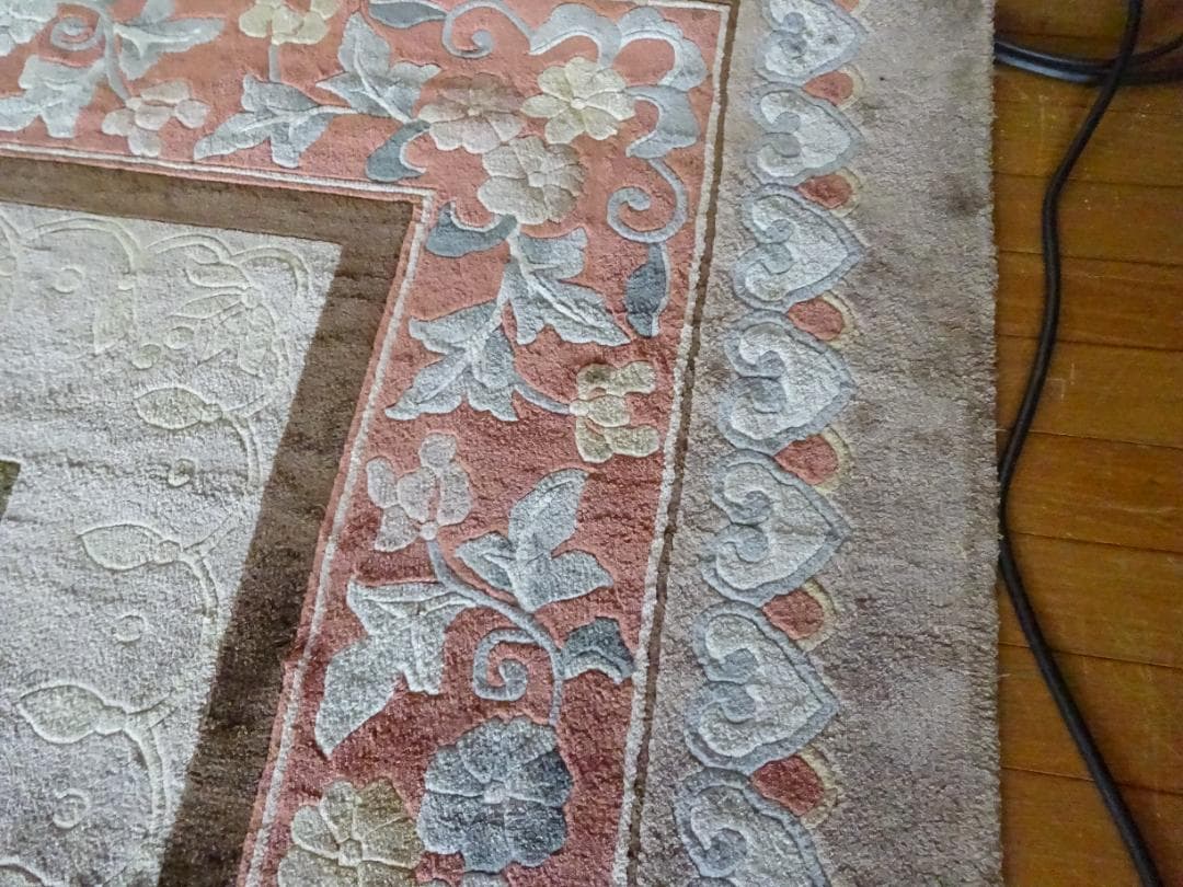 オリーブ　中国段通　シルク　120段　大判　306×246　高級絨毯　ラグ