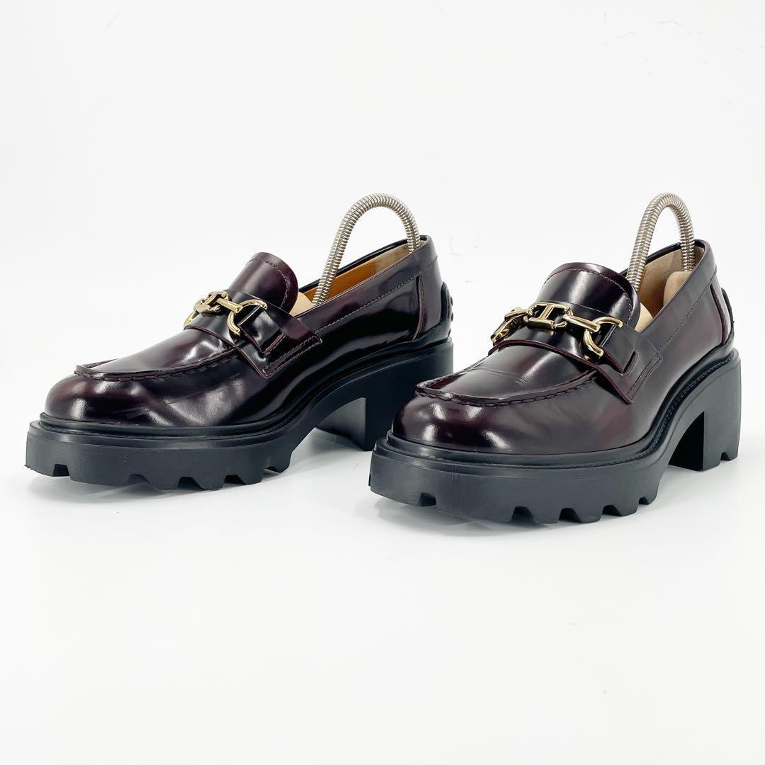 美品　トッズ　T金具　ローファー　革靴　ヒール　厚底　バーガンディ　レザー