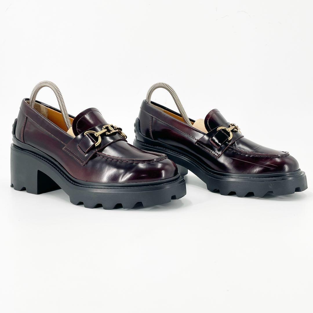 美品　トッズ　T金具　ローファー　革靴　ヒール　厚底　バーガンディ　レザー