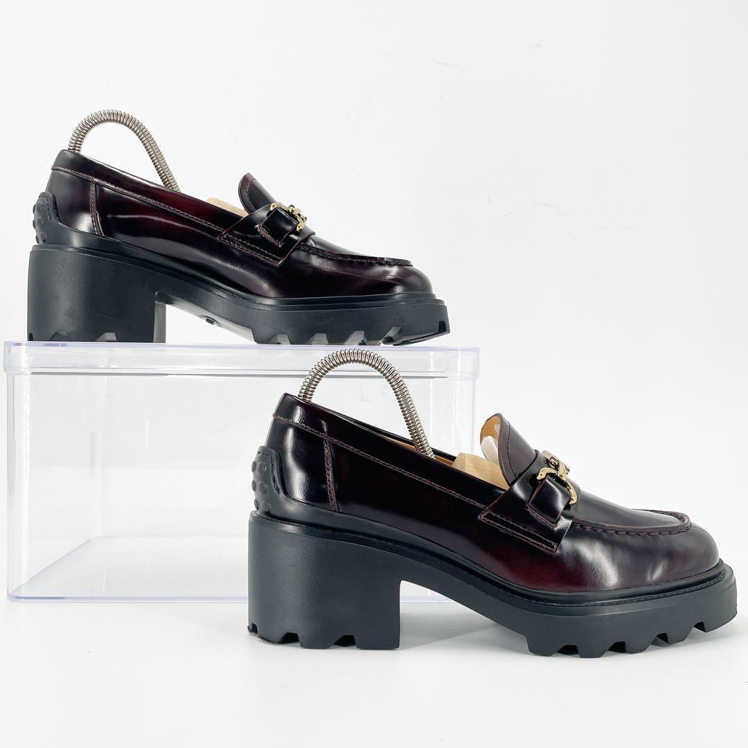 美品　トッズ　T金具　ローファー　革靴　ヒール　厚底　バーガンディ　レザー