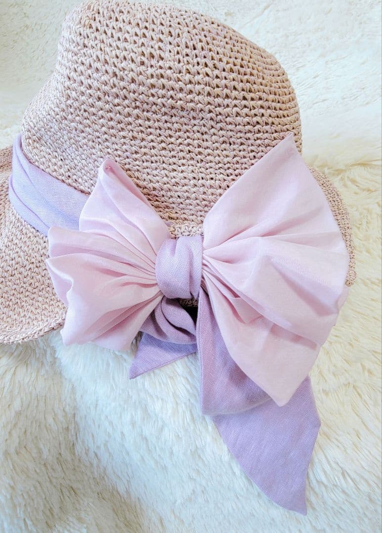 【CA4LA】リボン ストローハットカシラ　リボン 麦わら帽子　ピンク