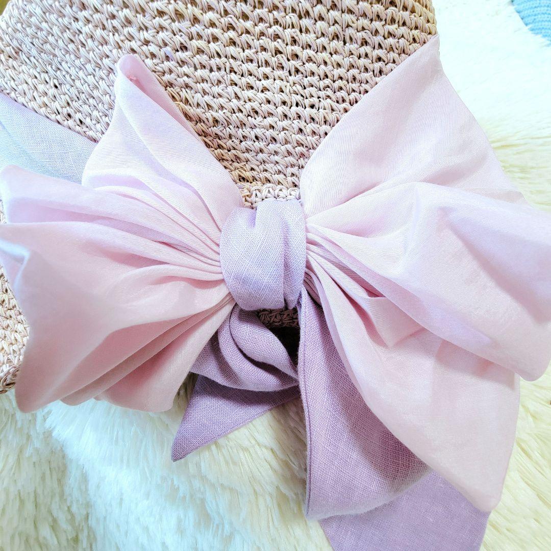 【CA4LA】リボン ストローハットカシラ　リボン 麦わら帽子　ピンク